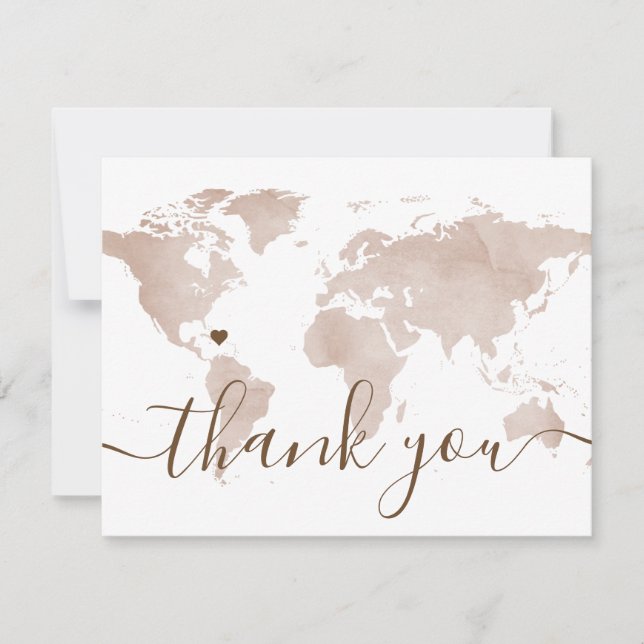 World Map Tan Travel Destination Wedding Photo Thank You Card (Front)