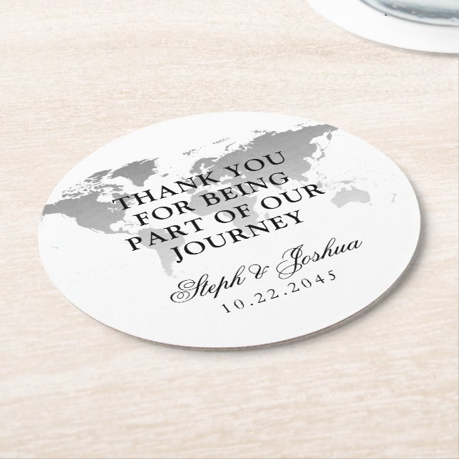 World Map Thank You Destination Wedding Favour Round Paper Coaster (Angled)