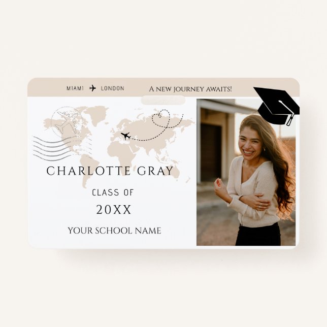 World Map travel adventure begins GRAD name Badge (Front)
