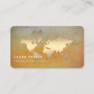 World Map Travel Agent Watercolor Gold Tourism Business Card