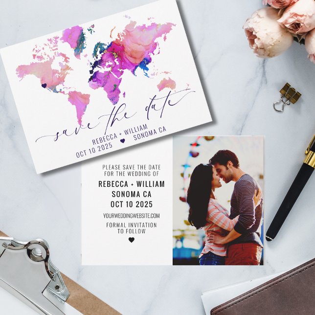World Map Travel Destination Wedding Save the Date Invitation (Creator Uploaded)