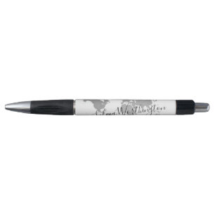 World Map Travel Silver Gray Black White Custom Pen