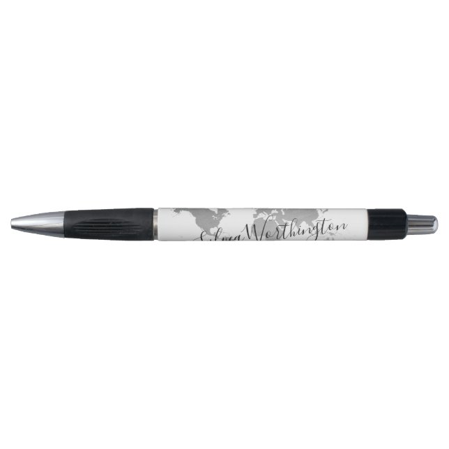 World Map Travel Silver Gray Black White Custom Pen (Front)