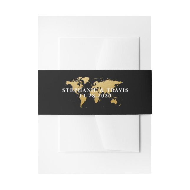 World Map Travel Theme Black and Gold Destination Invitation Belly Band (Front Example)