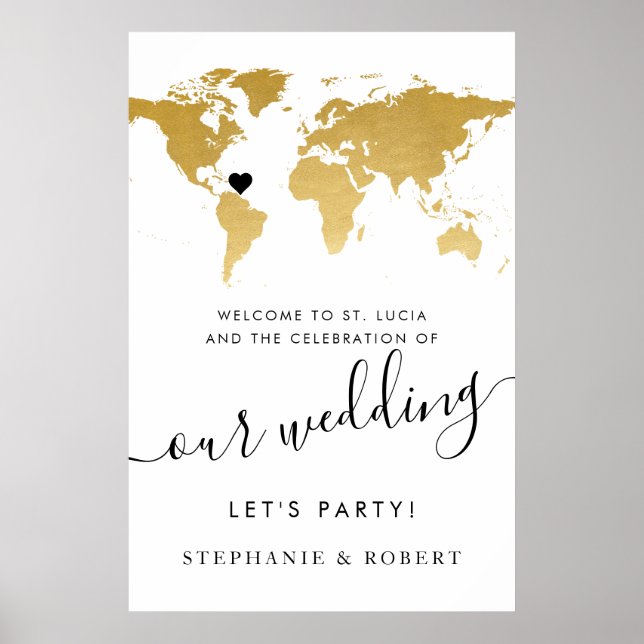 World Map Travel Wedding Gold Welcome Sign Poster (Front)