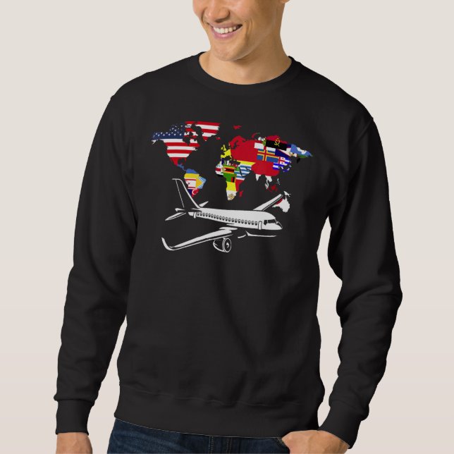 World Map Traveller Plane Travelling World Flags Sweatshirt (Front)