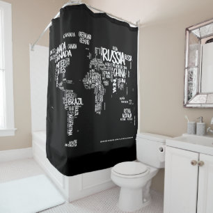 World Map Typography Shower Curtain, Black & White