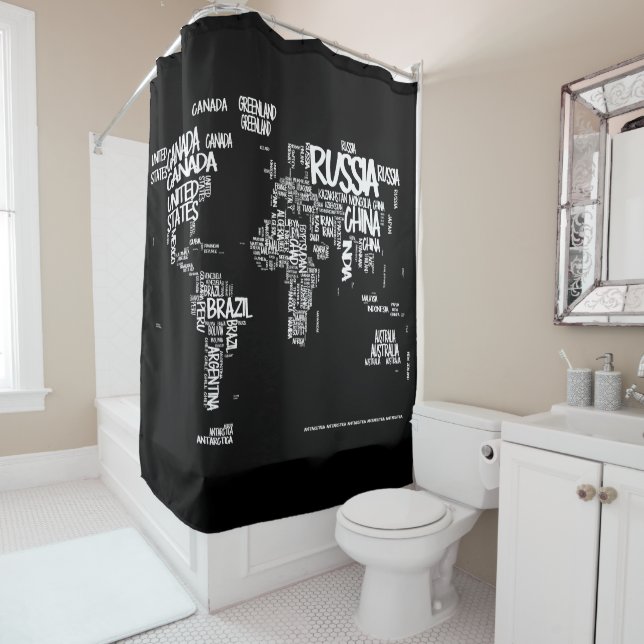 World Map Typography Shower Curtain, Black & White (In Situ)