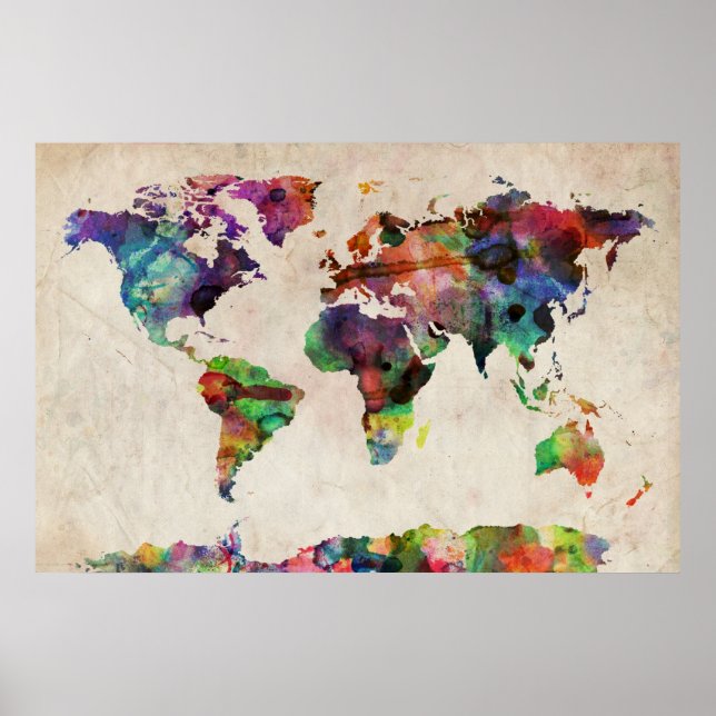 World Map Urban Watercolor Poster (Front)