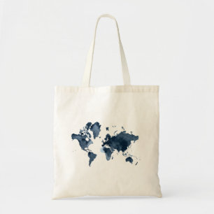 World Map Watercolor Navy Double-sided. Tote Bag