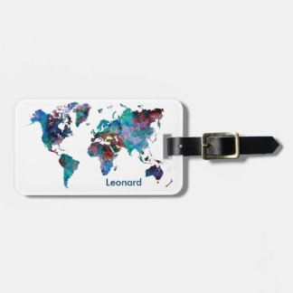 World Map Watercolor painting Custom Monogram Luggage Tag