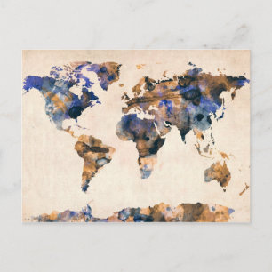 World Map Watercolor Postcard