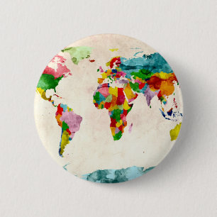 World Map Watercolors 2 Inch Round Button