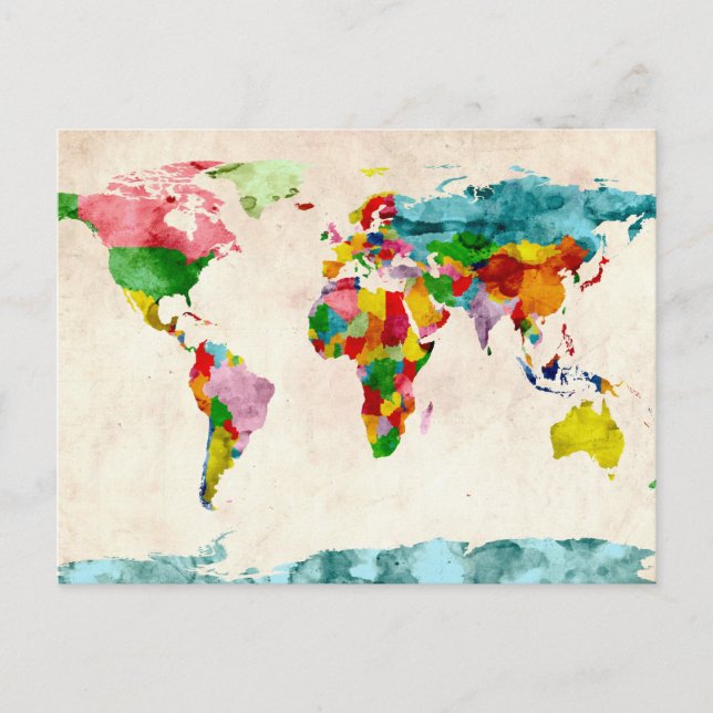 World Map Watercolors Postcard (Front)