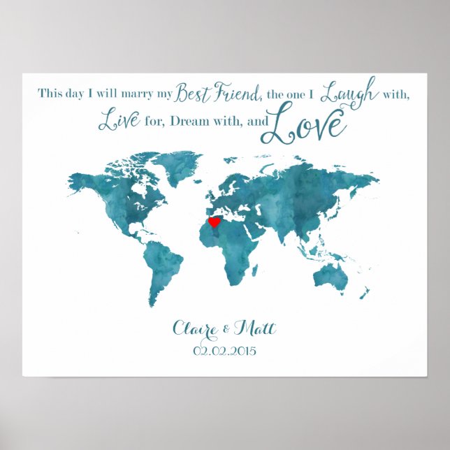world map wedding guest book signing board teal (Front)