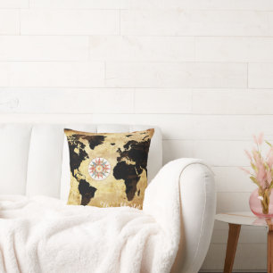 World-map with compass-rose throw pillow