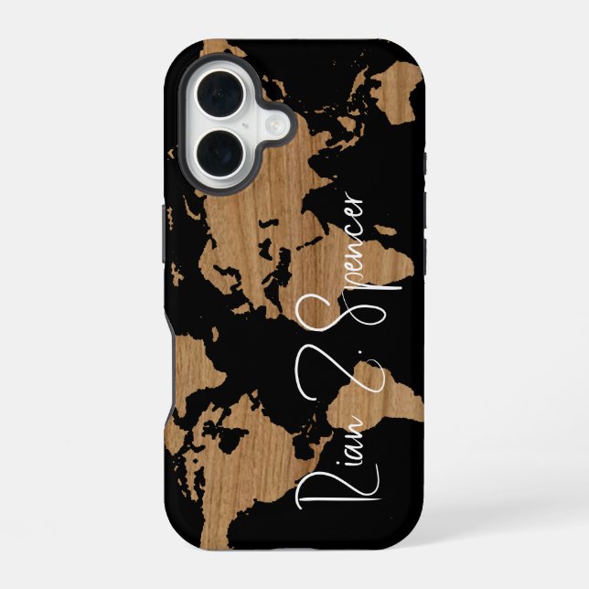 World Map with Name on Black iPhone 16 Case (Back)