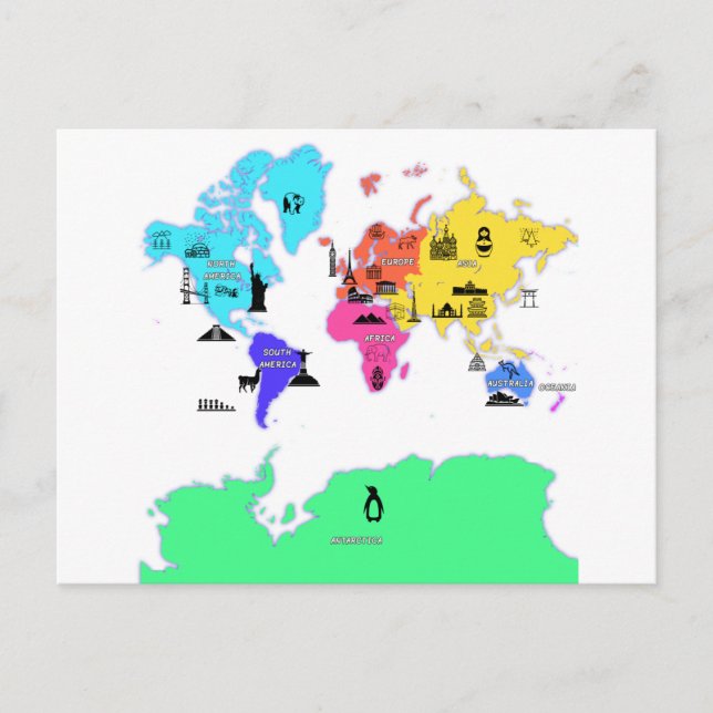 world map with names of the continents  postcard (Front)