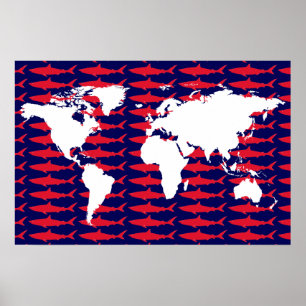 world map with sharks poster