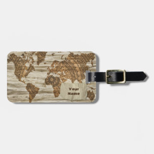 world map   wooden compass luggage tag