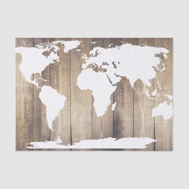 World Map World Explorer & Rustic Wood Planks Tissue Paper (Front)