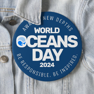 World Oceans Day Blue Stylized Earth Waves 6 Inch Round Button