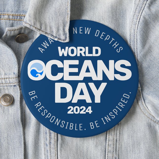 World Oceans Day Blue Stylized Earth Waves 6 Inch Round Button (In Situ)