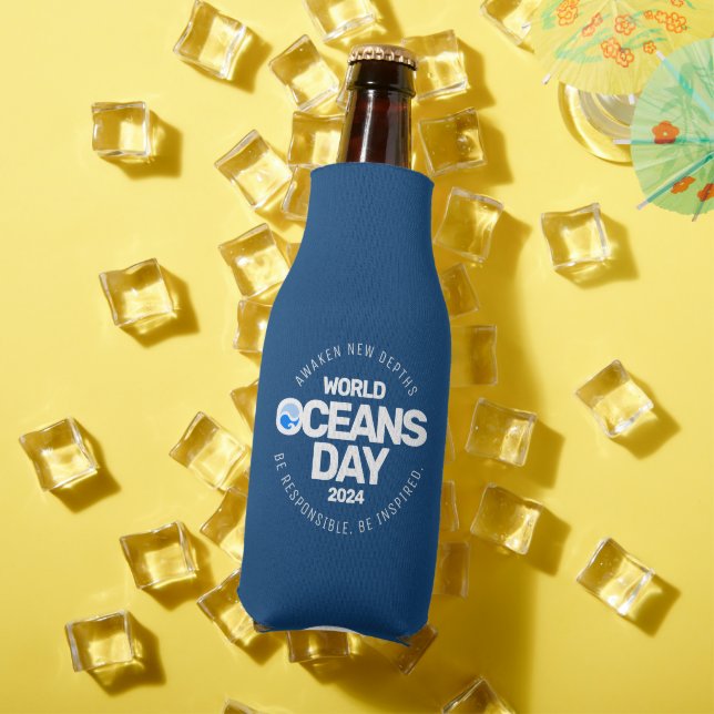World Oceans Day Blue Stylized Earth Waves Bottle Cooler (In Situ Summer)