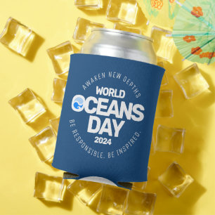 World Oceans Day Blue Stylized Earth Waves Can Cooler