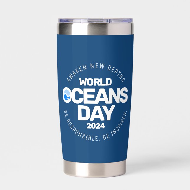 World Oceans Day Blue Stylized Earth Waves Insulated Tumbler (Front)