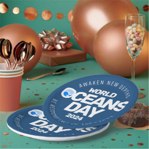 World Oceans Day Blue Stylized Earth Waves Paper Plate