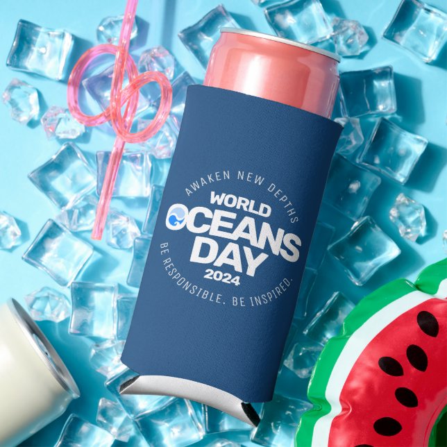 World Oceans Day Blue Stylized Earth Waves Seltzer Can Cooler (In Situ Summer)