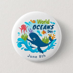 World Oceans Day Blue Whale Octopus Custom Text 2 Inch Round Button