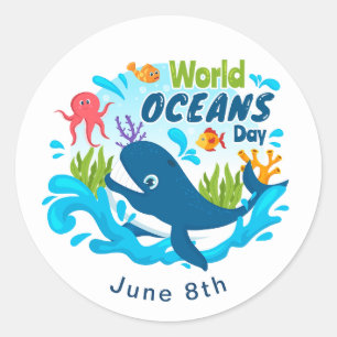 World Oceans Day Blue Whale Octopus Custom Text Classic Round Sticker