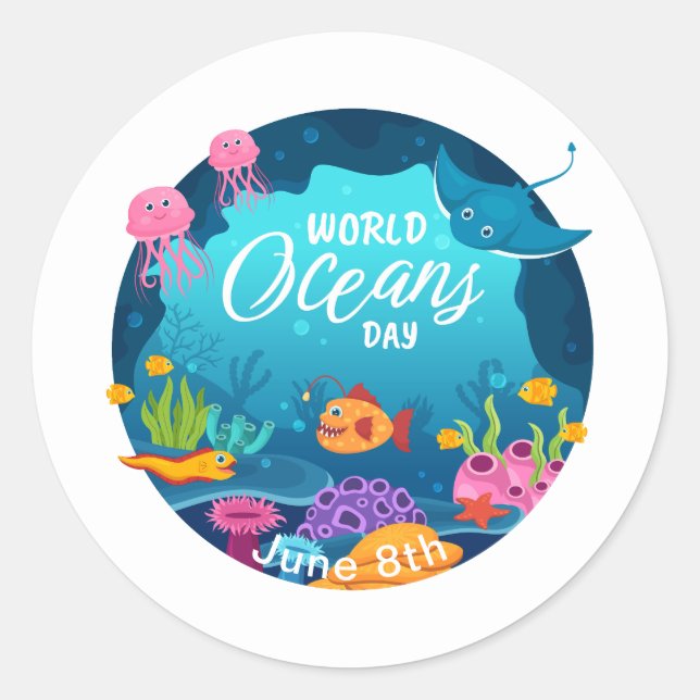 World Oceans Day Colourful Underwater Marine Scene Classic Round Sticker (Front)