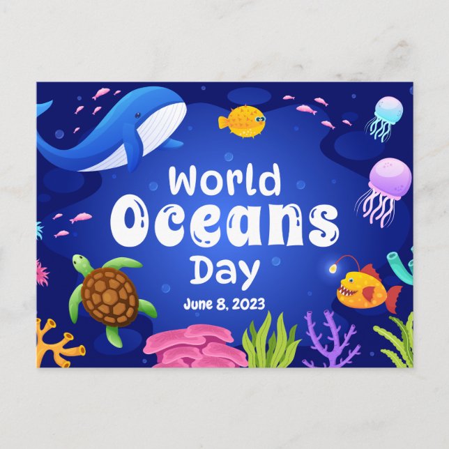 World Oceans Day June 8 2023 Turtle Fish Jellyfish Postcard (Front)