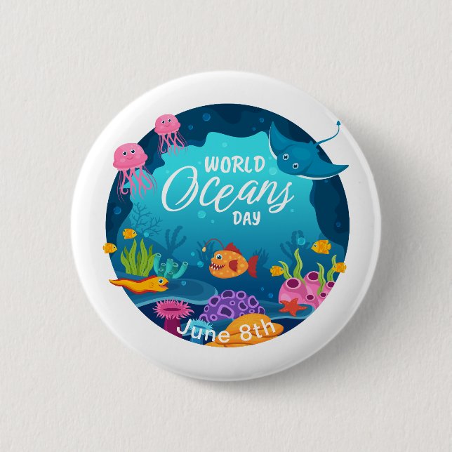 World Oceans Day Underwater Fish Scene Custom Text 2 Inch Round Button (Front)