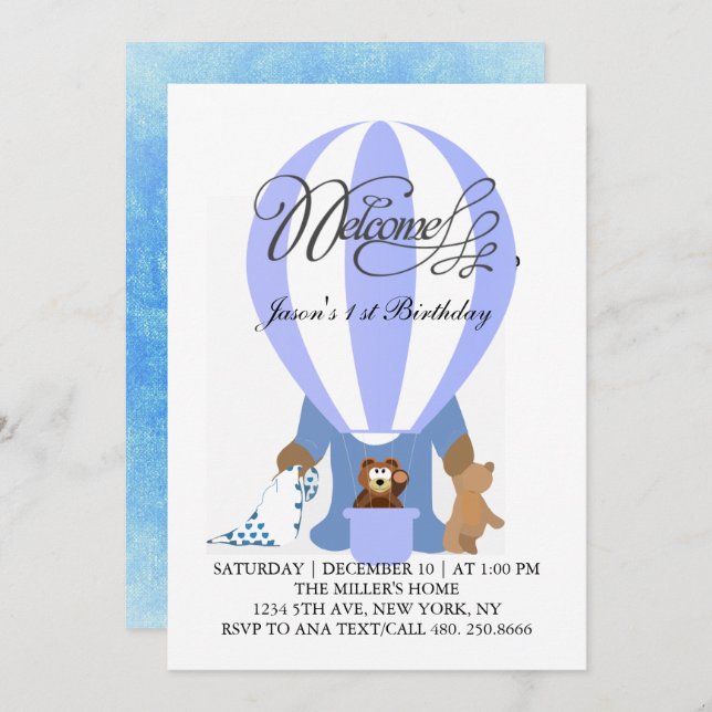 World of Blue Balloons First Birthday Invitation (Front/Back)