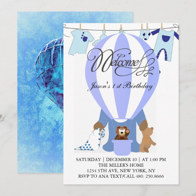 World of Blue Balloons First Birthday Invitation (Front/Back)