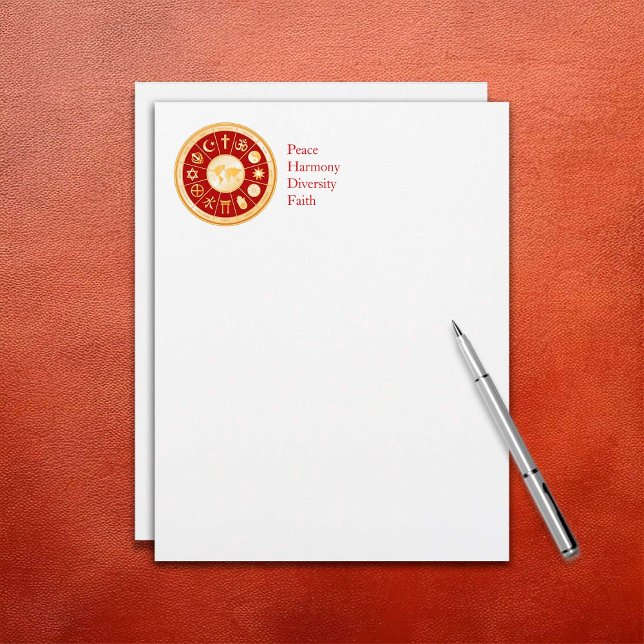 World of Faith Letterhead (Customize with your organization or message. Gold symbols of global religions surround a world map.)