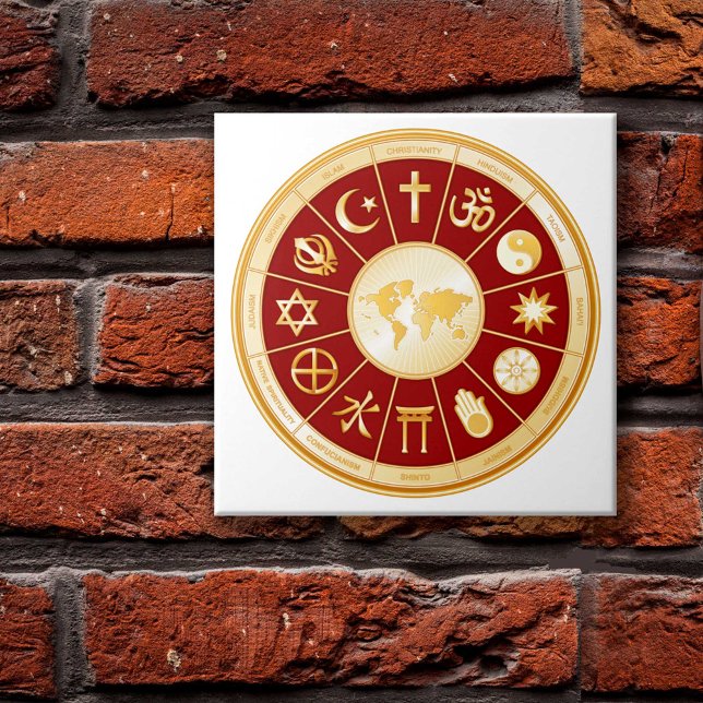 World of Faith Tile (World of Faith Photo Print. Gold symbols of international religions surround a world map. )