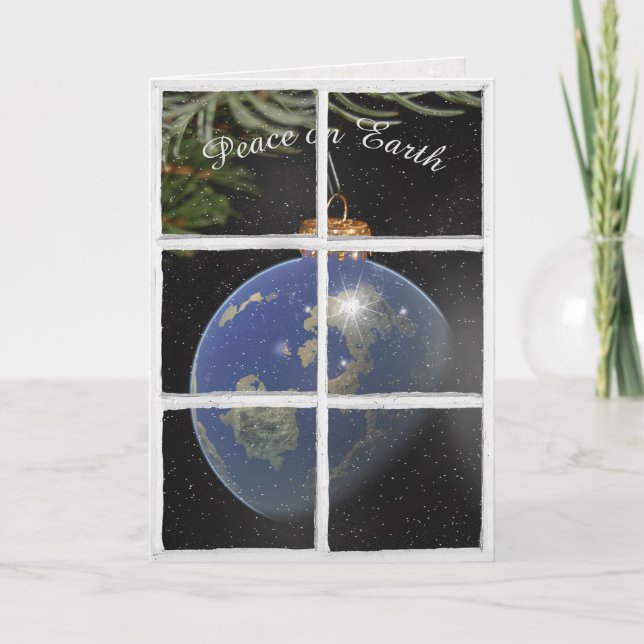 World ornament for Peace on Earth in window Card (Front)