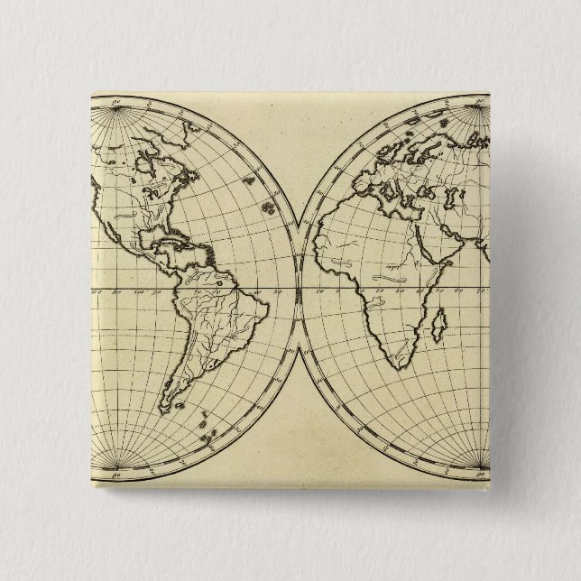 World outline double hemisphere 2 inch square button (Front)