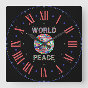 World Peace Flag Collection Roman Numeral Square Wall Clock