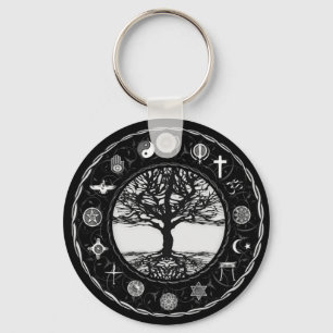 World Religions Black and White Tree Keychain