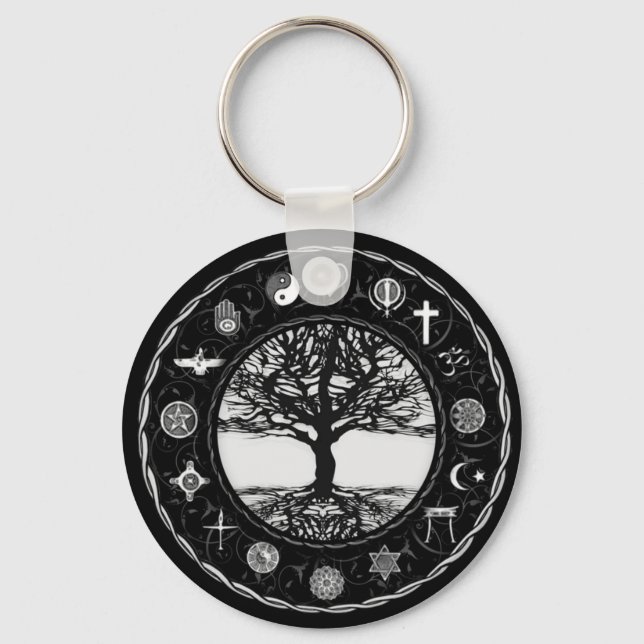 World Religions Black and White Tree Keychain (Front)