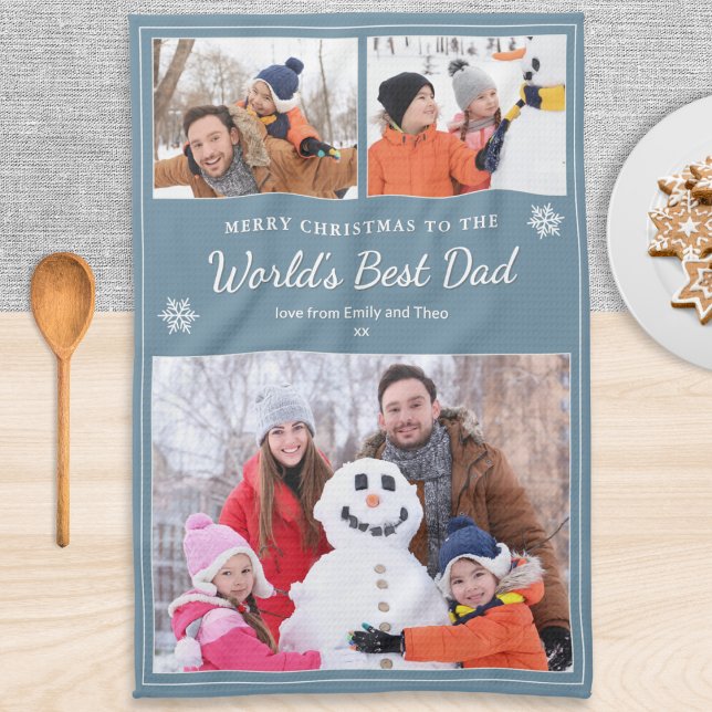 World’s Best Dad 3 Photos Christmas Blue Kitchen Towel (A stylish gray kitchen tea towel for the 'World's Best Dad' at Christmas, with three custom photos)