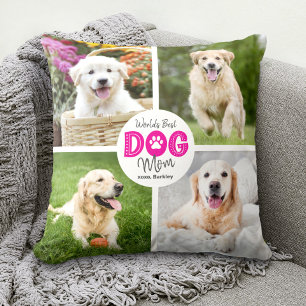 World’s Best Dog Mom Custom 4 Photo Pink on White Throw Pillow