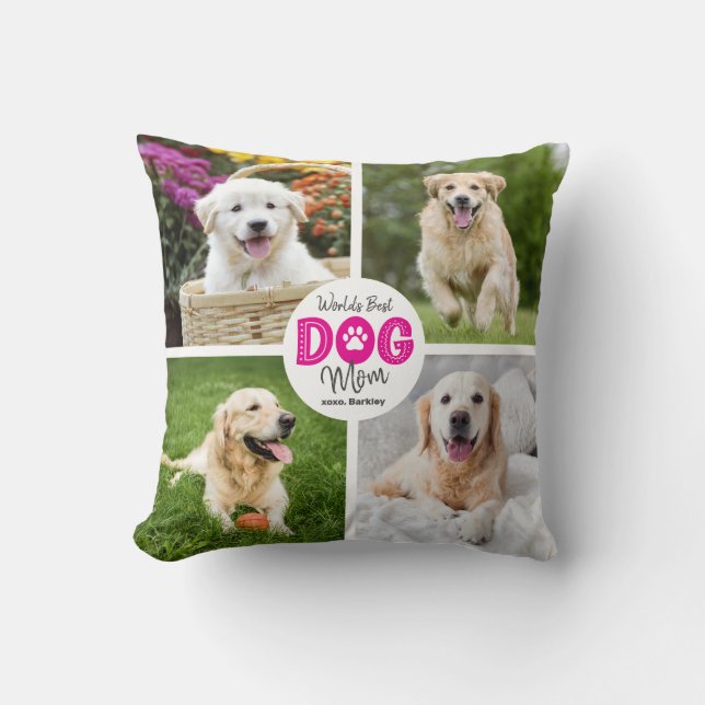 World’s Best Dog Mom Custom 4 Photo Pink on White Throw Pillow (Front)