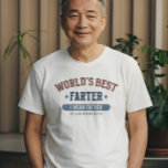World’s Best Father Funny Personalized  T-Shirt<br><div class="desc">World’s Best Father Funny Personalized Shirt - This design is the perfect blend of dad humour and heartfelt sentiment, featuring bold varsity-style typography with a cheeky twist—“World’s Best Farter” humorously corrected to “I Mean Father.” Rendered in vintage red, blue, and muted green tones, the layout is eye-catching and playful while...</div>